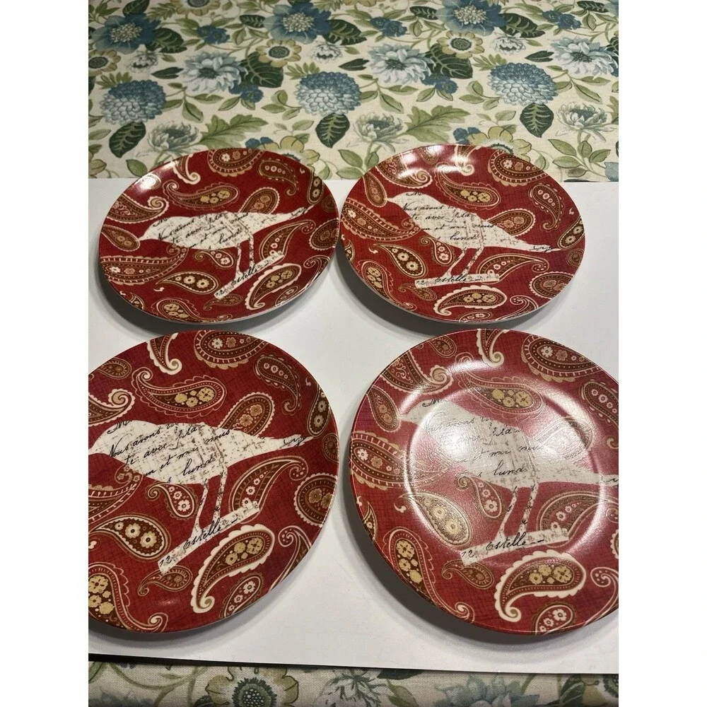 Pier 1 Imports Bird Red Paisley 7.75” Luncheon Dessert Plates 4pc